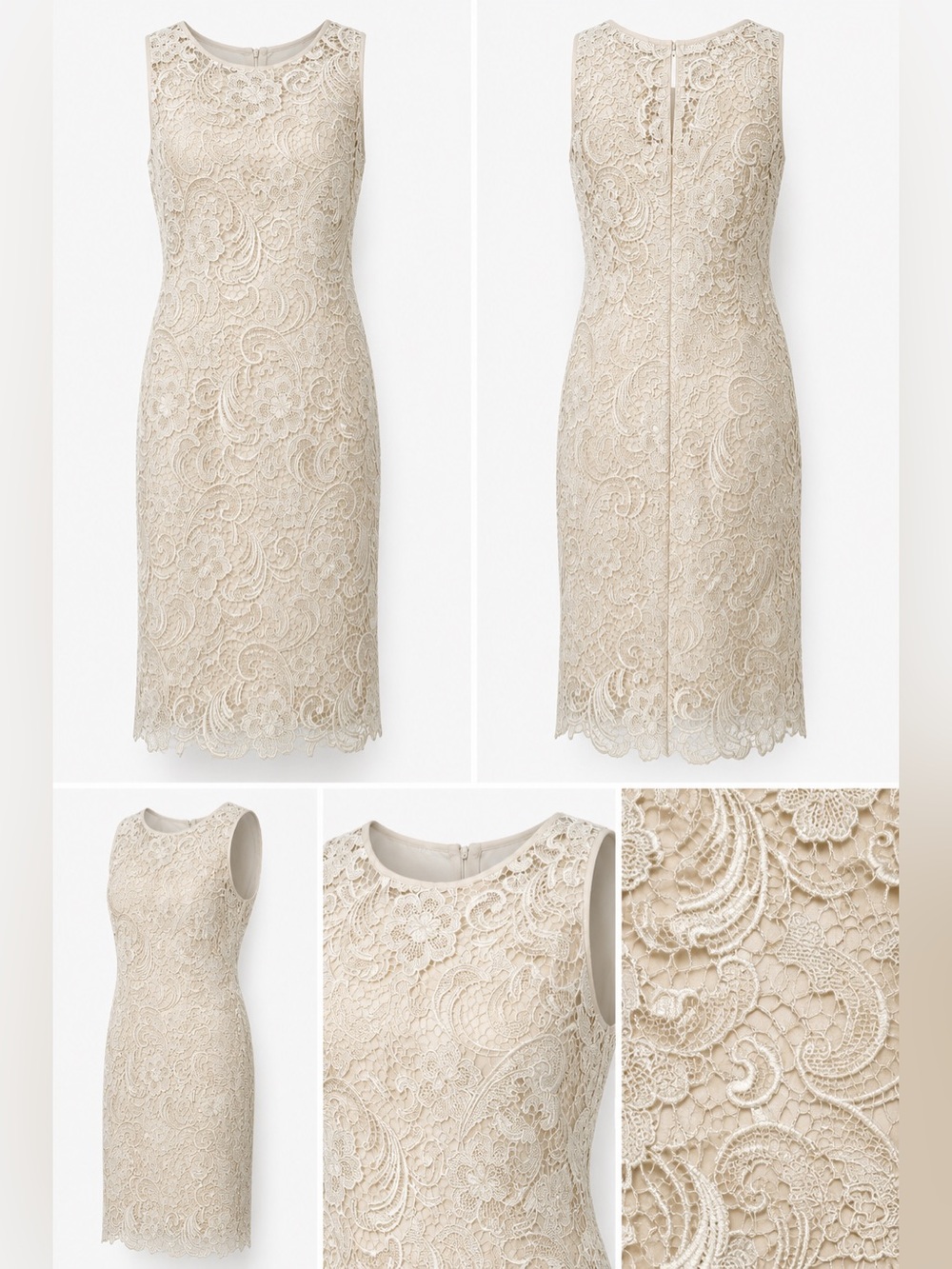 Adrianna Papell Ivory Lace Sheath Cocktail Dress Size 8 Floral Embroidered Midi